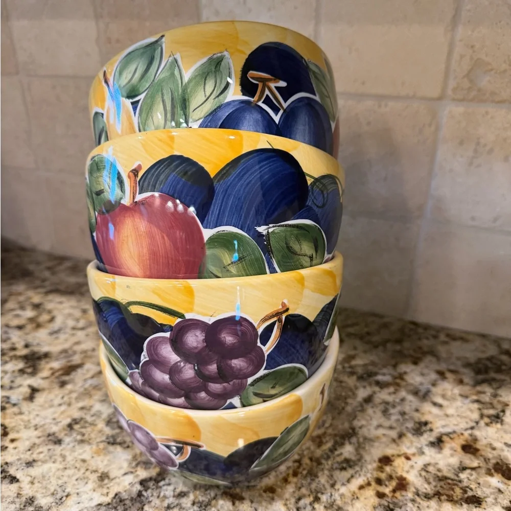 Hand-Painted Fruit Ceramic Dinner Plates in Yellow and Navy